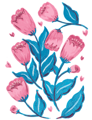 Flores Rosa e Folhas Azuis