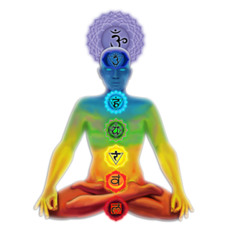 O homem iluminado com chakras em posição de lotus