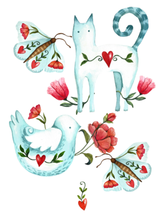 Gato & Passarinho Porcelana