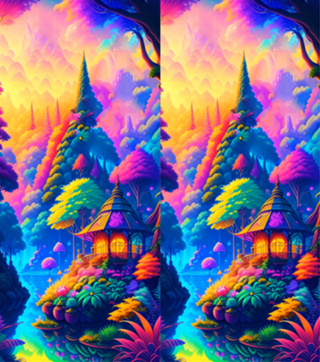Casa na floresta com pôr do Sol e cores vibrantes