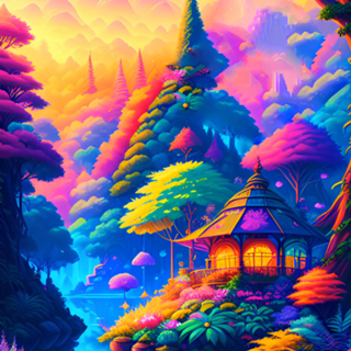 Casa na floresta com pôr do Sol e cores vibrantes