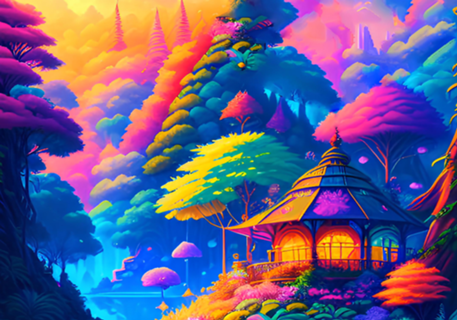 Casa na floresta com pôr do Sol e cores vibrantes