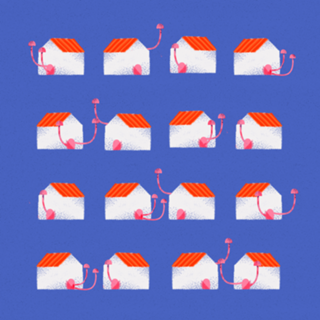 Casas e cogumelos no fundo azul