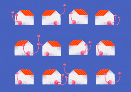 Casas e cogumelos no fundo azul
