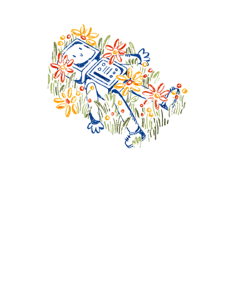 Robozinho deitado em um campo de flores