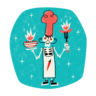 Chef Esqueleto Com Comida Apimentada