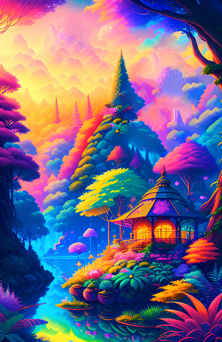 Casa na floresta com pôr do Sol e cores vibrantes