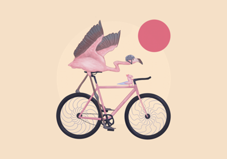 Flamingo e Axolote andando de bicicleta