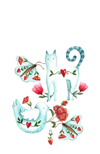 Gato & Passarinho Porcelana