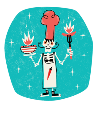 Chef Esqueleto Com Comida Apimentada